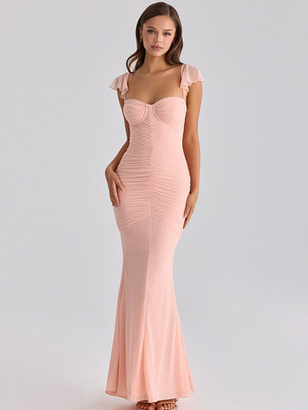 Robes de soirée longues sans manches à bretelles décolleté sexy robes roses