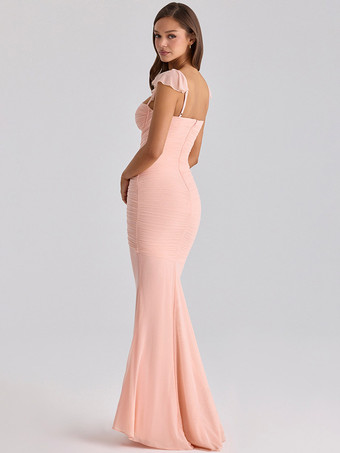 Robes de soirée longues sans manches à bretelles décolleté sexy robes roses