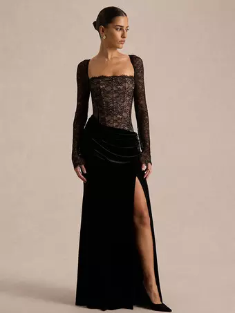 Party Dress Maxi Black Square Neck Long Sleeves Two-Tone Sexy Semi Formal Dress - Milanoo.com Party Dress Maxi Black Square Neck Long Sleeves Two-Tone Sexy Semi Formal Dress - Milanoo.com