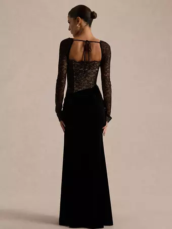 Party Dress Maxi Black Square Neck Long Sleeves Two-Tone Sexy Semi Formal  Dress - Milanoo.com