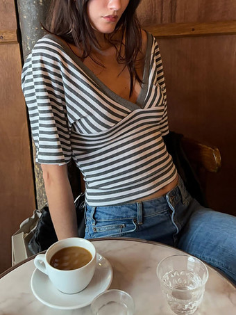 トップス 半袖 Tシャツ グレー ストライプ Vネック レディース Tシャツ