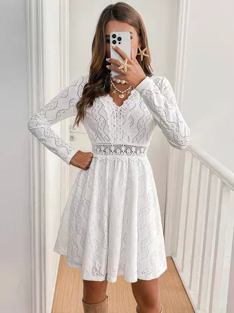 Daily Dresses Mini Woman's Dress Long Sleeves V-Neck Raised Waist Casual  Lace White Dress - Milanoo.com