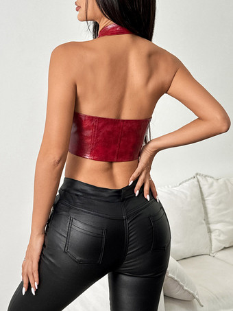 コルセットトップス ディープブラウン シック ノースリーブ ストラップネック スリムフィット バックレス PU レースアップトップス