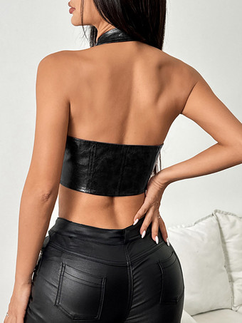 コルセットトップス ディープブラウン シック ノースリーブ ストラップネック スリムフィット バックレス PU レースアップトップス