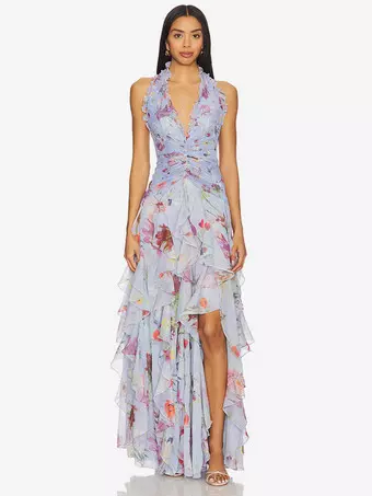 pleated dress printing lace up High Quality Printed Round Neck Lace Up Belt Maxi Pleated Long Dress Bright yellow / One Size