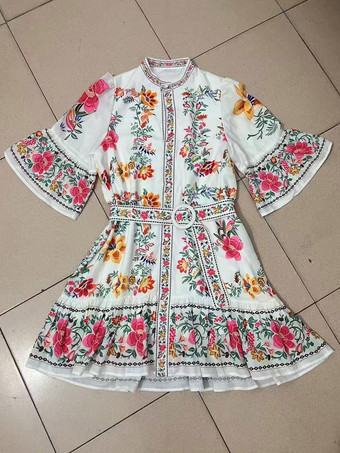 Robe Daily Dresses pour femme mini-robe à manches courtes et ceinture col montant taille naturelle imprimé floral manches courtes et col montant