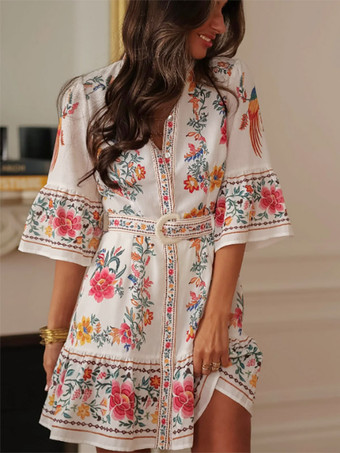 Reportez-vous à l\'image Robe Daily Dresses pour femme mini-robe à manches courtes et ceinture col montant taille naturelle imprimé floral manches courtes et col montant