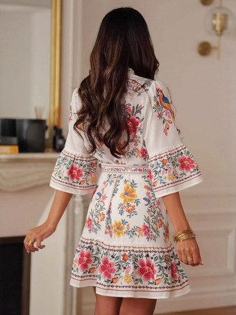 Robe Daily Dresses pour femme mini-robe à manches courtes et ceinture col montant taille naturelle imprimé floral manches courtes et col montant