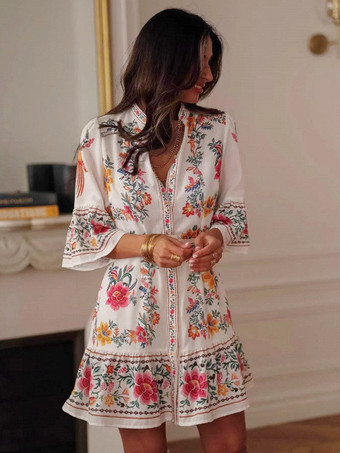 Robe Daily Dresses pour femme mini-robe à manches courtes et ceinture col montant taille naturelle imprimé floral manches courtes et col montant
