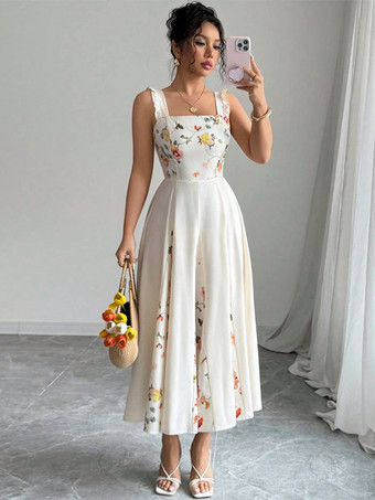 デートナイトドレス マキシ丈 バックレス 花柄 プリーツ ノースリーブ 花柄プリント スクエアネック スウィートドレス