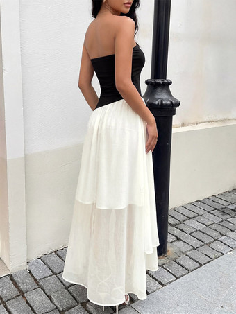 Robe longue dos nu à nœuds sans manches à épaules dénudées style romantique noir et blanc