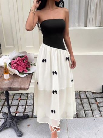 Robe longue dos nu à nœuds sans manches à épaules dénudées style romantique noir et blanc