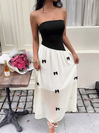 Robe longue dos nu à nœuds sans manches à épaules dénudées style romantique noir et blanc