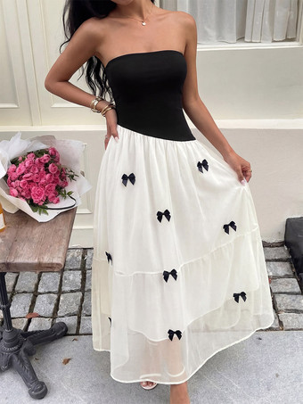 Blanc+NoirRobe longue dos nu à nœuds sans manches à épaules dénudées style romantique noir et blanc