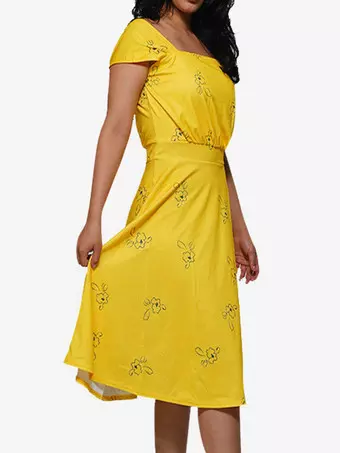 Date Night Dresses Midi Short Sleeves Floral Print Square Neck Casual  Yellow Dress - Milanoo.com