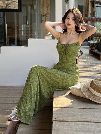 デートナイトドレス マキシ丈 バックレス ストラップ付き ジッパー付き ノースリーブ 花柄 オフショルダー スウィートグリーンドレス