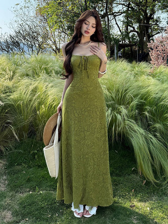 グリーン デートナイトドレス マキシ丈 バックレス ストラップ付き ジッパー付き ノースリーブ 花柄 オフショルダー スウィートグリーンドレス