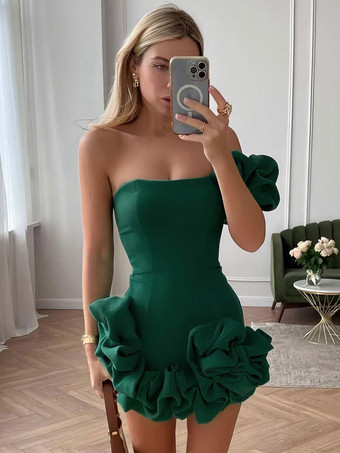 グリーン デートナイトドレス ミニ丈 背中開き フリル ジッパー付き ノースリーブ ストラップレス シックなホワイトドレス