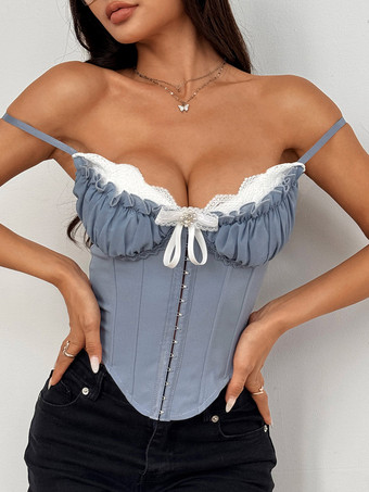 ブルー コルセットトップス ブルー セクシー ストラップ ネック バックレス スリムフィット レース レースアップ トップス