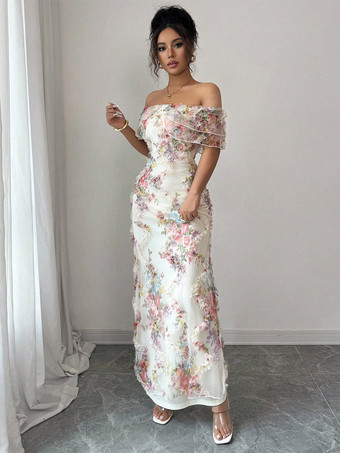 ご参考ください デートナイトドレス マキシ丈 バックレス ジッパー フリル ノースリーブ 花柄 オフショルダー スウィートドレス