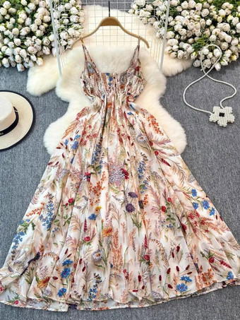 アプリコットバケーションドレス マキシ丈 バックレス 花柄 ストラップ付き ノースリーブ 花柄プリント ストラップネック シック アプリコットドレス