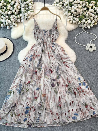 グレイバケーションドレス マキシ丈 バックレス 花柄 ストラップ付き ノースリーブ 花柄プリント ストラップネック シック アプリコットドレス