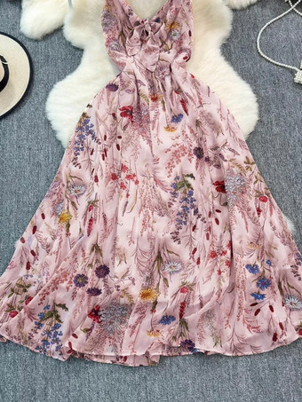 バケーションドレス マキシ丈 バックレス 花柄 ストラップ付き ノースリーブ 花柄プリント ストラップネック シック アプリコットドレス