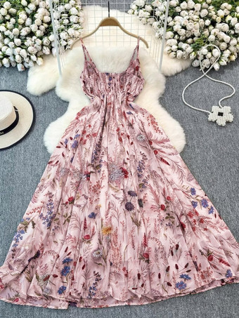 ピンクバケーションドレス マキシ丈 バックレス 花柄 ストラップ付き ノースリーブ 花柄プリント ストラップネック シック アプリコットドレス