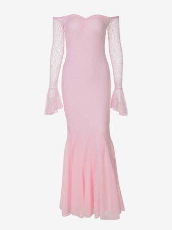 Robe de soirée longue rose à épaules dénudées en dentelle manches longues plissée chic et semi-formelle