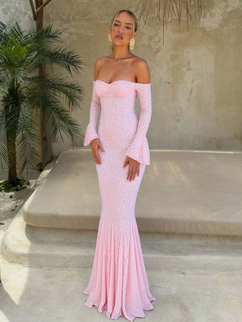 RoseRobe de soirée longue rose à épaules dénudées en dentelle manches longues plissée chic et semi-formelle