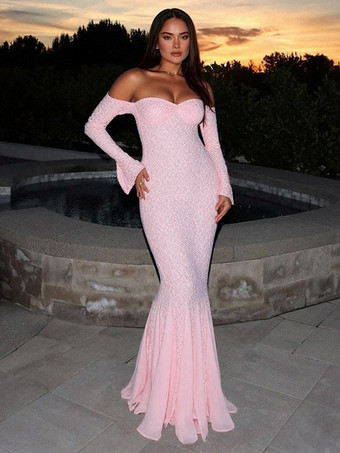 Robe de soirée longue rose à épaules dénudées en dentelle manches longues plissée chic et semi-formelle