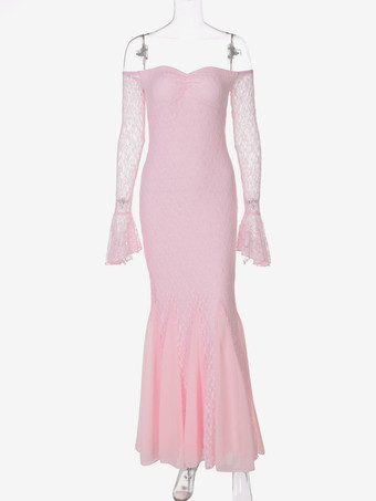 Robe de soirée longue rose à épaules dénudées en dentelle manches longues plissée chic et semi-formelle