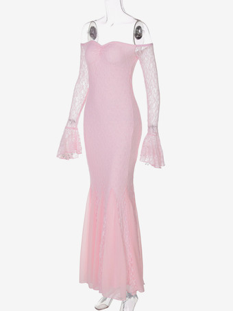 Robe de soirée longue rose à épaules dénudées en dentelle manches longues plissée chic et semi-formelle
