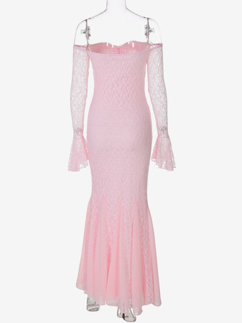 Robe de soirée longue rose à épaules dénudées en dentelle manches longues plissée chic et semi-formelle