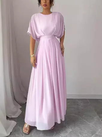 Party Dress Maxi Pink Jewel Neck Ruffles Half Sleeves Chic Semi Formal Dress  - Milanoo.com