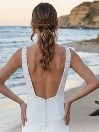 Robe de mariée simple en polyester col carré manches courtes coupe sirène