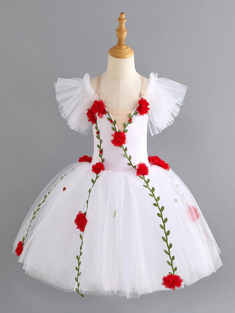 ホワイト バレエドレス ホワイト 女の子 子供用 花柄アップリケ バレリーナ ポリエステル ドレス ダンスウェア
