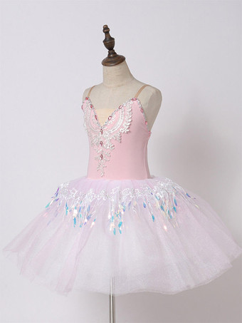 ピンクバレエピンク 女の子用 キッズ レースアップリケ Vネック バレリーナ ポリエステルドレス ダンスウェア