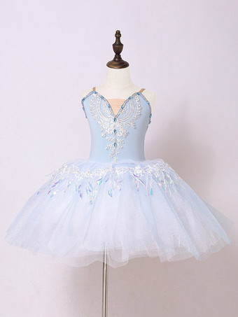 ライトスカイブルーバレエピンク 女の子用 キッズ レースアップリケ Vネック バレリーナ ポリエステルドレス ダンスウェア