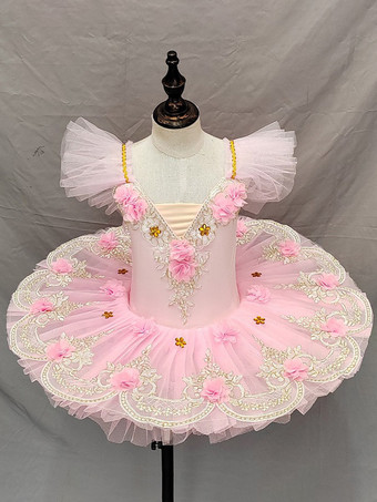 ピンクバレエドレス ライトスカイブルー 女の子用 キッズ バレリーナ ポリエステル レースアップリケ ネットドレス パフォーマンスウェア