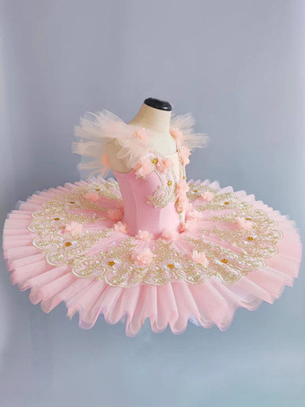 バレエダンス衣装 ピンク 女の子用 花柄レースアップリケ バレリーナ ポリエステルドレス ダンスウェア