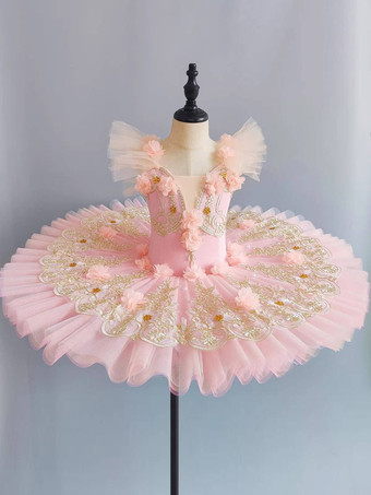 ピンクバレエダンス衣装 ピンク 女の子用 花柄レースアップリケ バレリーナ ポリエステルドレス ダンスウェア