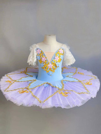 ライトスカイブルーバレエダンス衣装 ピンク 女の子用 花柄レースアップリケ バレリーナ ポリエステルドレス ダンスウェア
