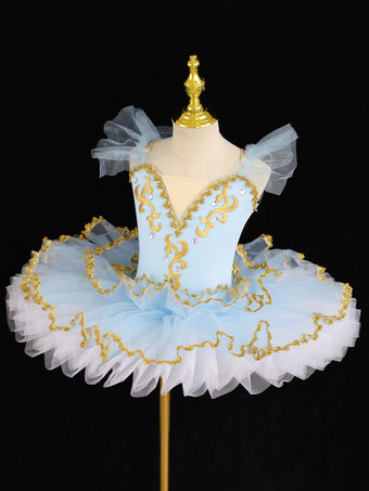 バレエ衣装 ライトスカイブルー 女の子用 レースアップリケ バレリーナ ポリエステルドレス パフォーマンスウェア