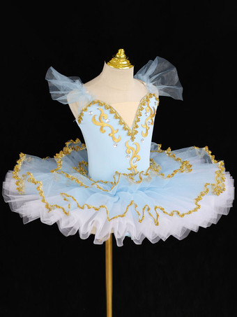 バレエ衣装 ライトスカイブルー 女の子用 レースアップリケ バレリーナ ポリエステルドレス パフォーマンスウェア