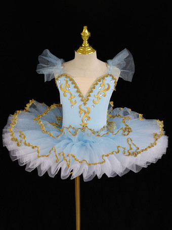 ライトスカイブルーバレエ衣装 ライトスカイブルー 女の子用 レースアップリケ バレリーナ ポリエステルドレス パフォーマンスウェア
