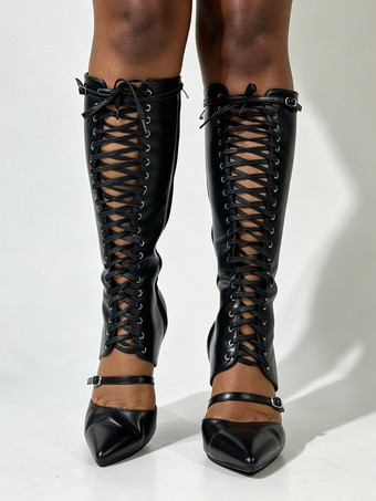 Bottes noires montantes pour femmes bout pointu boucle lacets