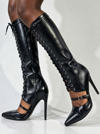 Bottes noires montantes pour femmes bout pointu boucle lacets