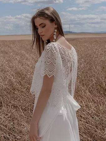 short white boho wedding dress Short Sleeve Boho Wedding Dresses Ivory Lace & Chiffon Rustic Wedding Gown AWD1359