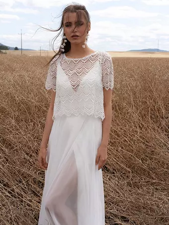 Two-piece Boho Wedding Dress Chiffon LaceFloor-Length Zipper Short Sleeves  Illusion Neckline White - Milanoo.com